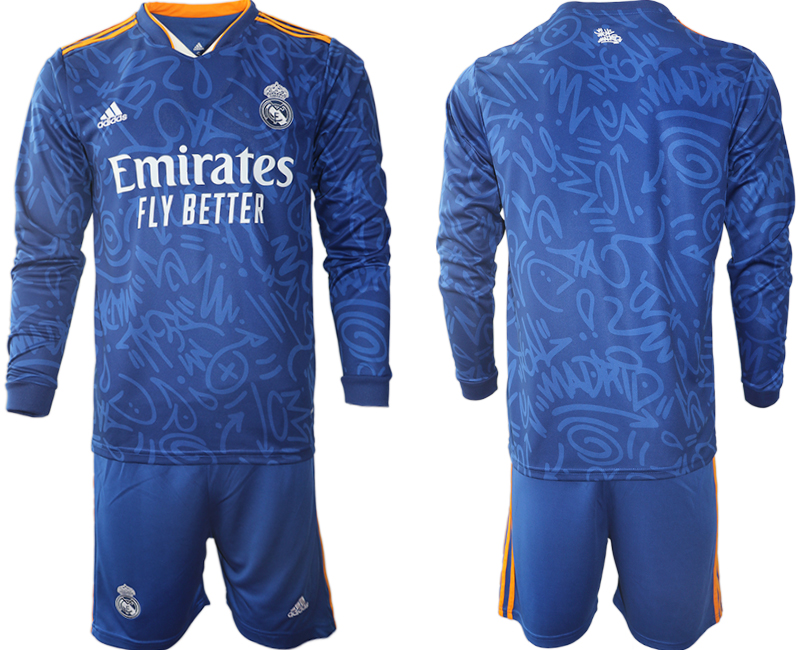 Men 2021-2022 Club Real Madrid away blue Long Sleeve blank Soccer Jersey->real madrid jersey->Soccer Club Jersey